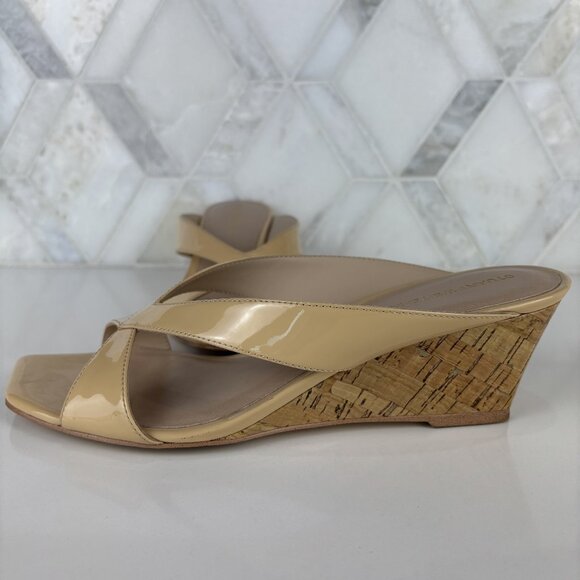 7.5 Patent Cork Wedge Heel Sandal Square Toe Criss Cross Strap Tan Leather Miami - Picture 6 of 13